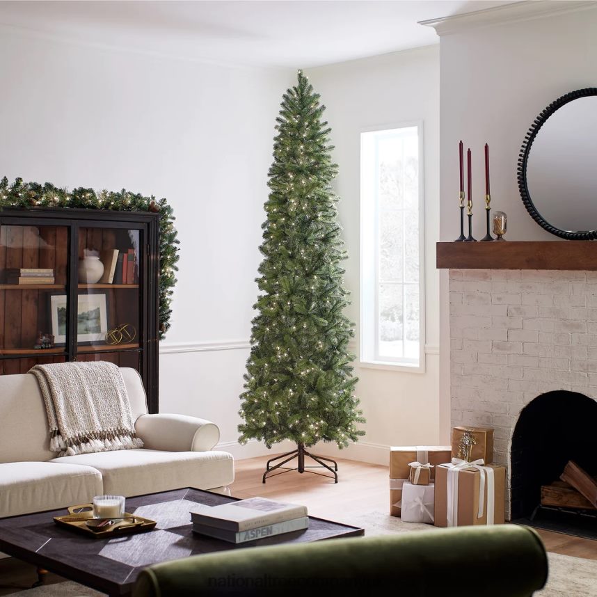 Trees | National Tree Company Pre-Lit \Feel Real\ Artificial Slim Downswept Christmas Tree Green Douglas Fir White Lights Includes Stand 9 Feet F2L4F14